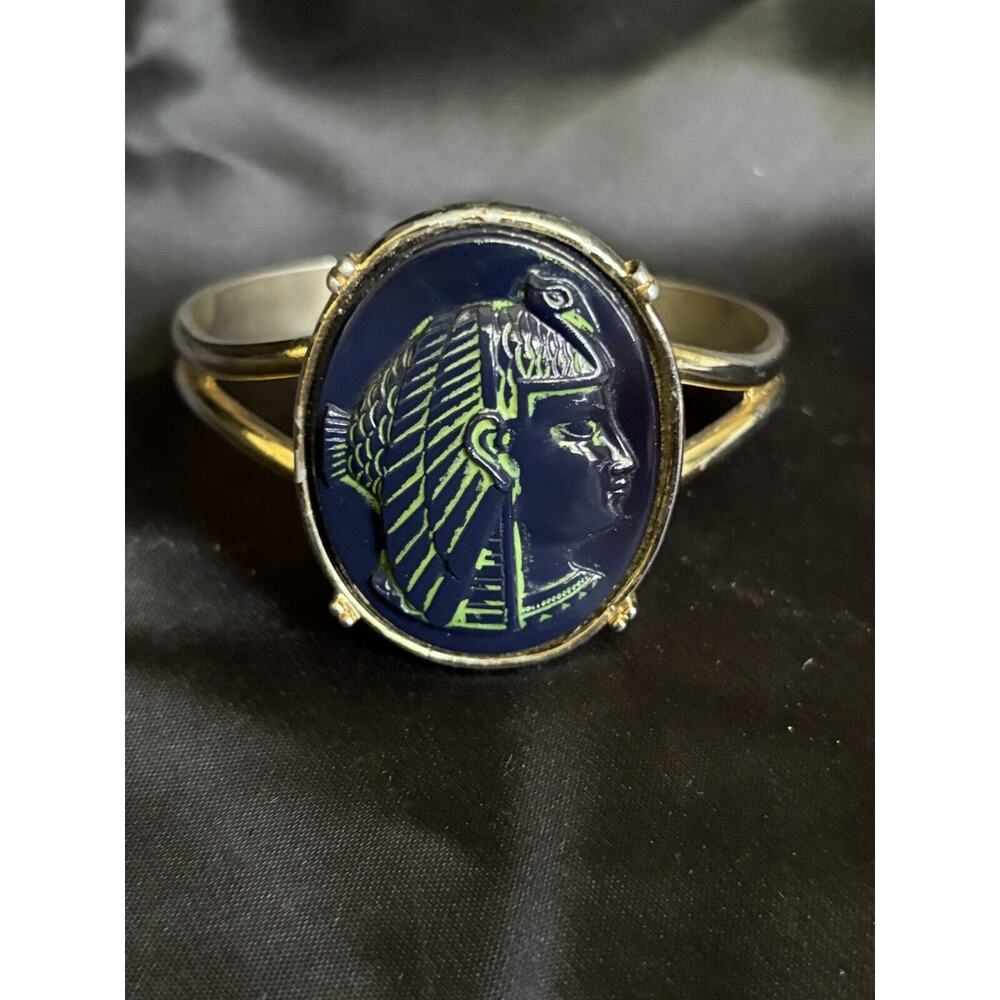 Pharaoh Egyptian Revival Cuff Bracelet Blue Glass & Gold Tone Statement Bracelet - Picture 2 of 13